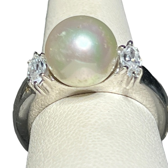 Vintage Sterling Silver Genuine  Pearl CZ Ring size 6.5 - Picture 3 of 10